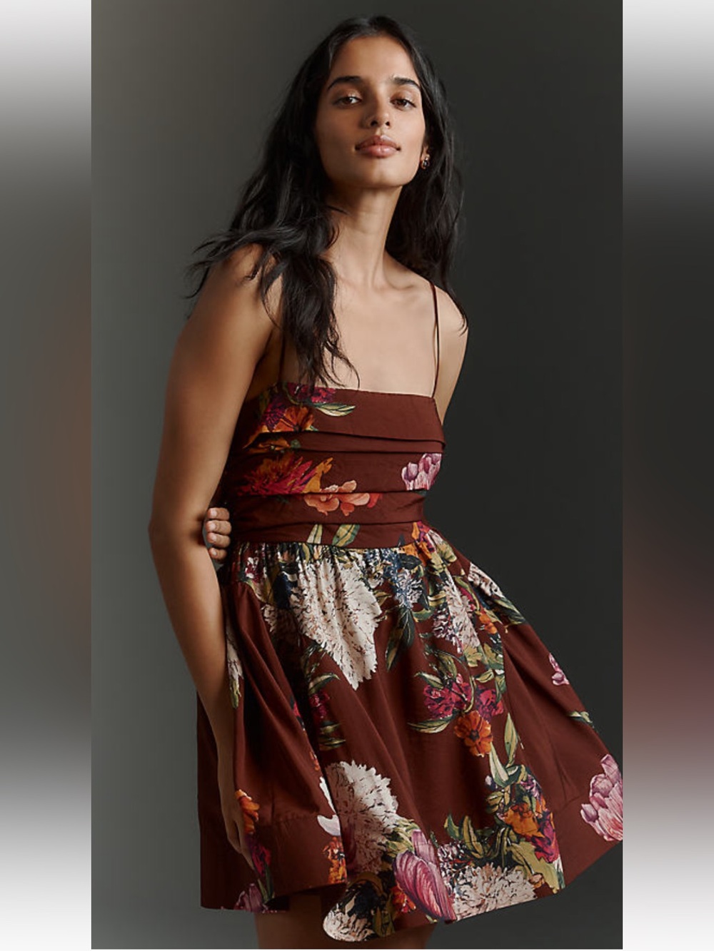 Maeve Brown Floral Pleated-Bodice Mini Dress